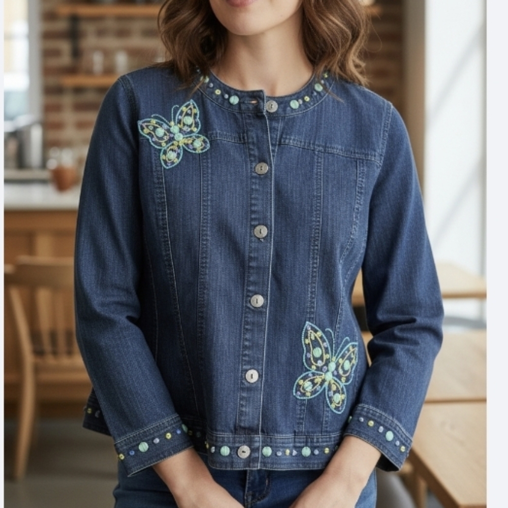 Alfred Dunner Butterfly Embellished Jean Jacket